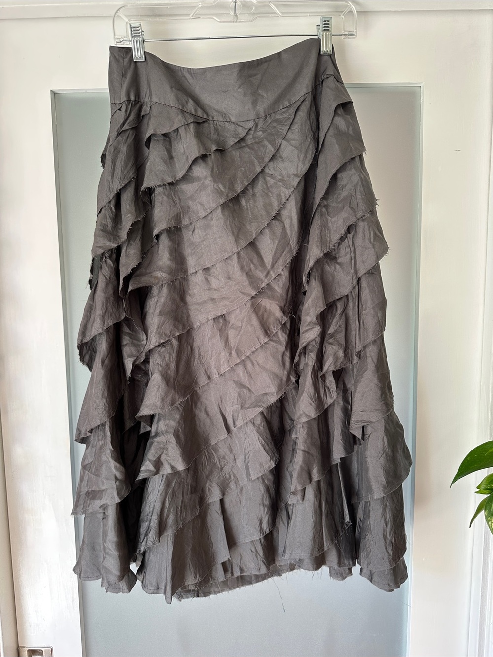 Womens Gray 100% silk DKNY Tiered Ruffle Skirt